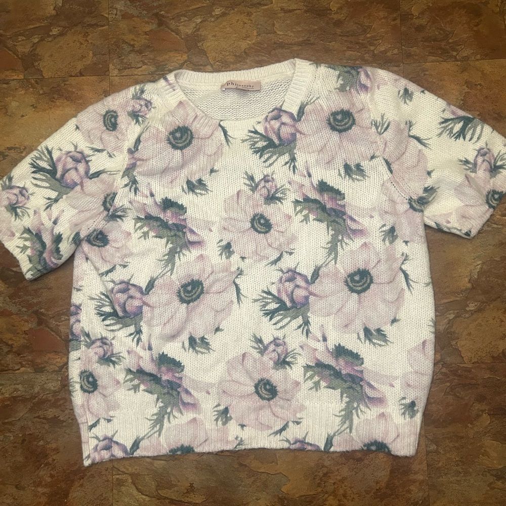 Philosophy XL Women's Floral Short Sleeve Sweater Knit Top White Purple